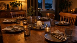 Warm dining table after dinner with moon centerpiece, candles, folded napkins, and household reflection mood