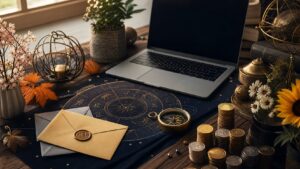 Yearly astrology planning desk with seasons, blank laptop, compass, and coins for career and finance horoscopes