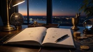 Astrology desk with planner, coins, and zodiac tools for career and money horoscope guidance