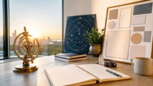 Modern sunrise workspace with astrolabe and blank notebook for daily career horoscope guidance