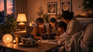 Warm family living room at dusk with moon art, tea tray, blankets, and nurturing home atmosphere