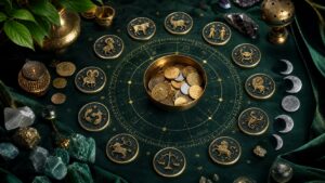 Green velvet astrology still life with zodiac tokens and coins for money horoscope forecasts