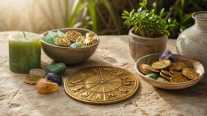 Sunlit abundance bowl, gemstones, coins, and zodiac disk for wealth and prosperity horoscope