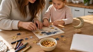 Caregiver and child hands making star crafts at kitchen table with moon ornament and blank paper