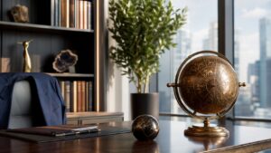 Elegant office with brass zodiac globe and tailored professional objects for career horoscope success