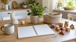 Family planning table with blank pages, blocks without letters, moon ornament, basket, and morning kitchen light