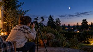 Illustration of a person observing the Moon through a telescope from a garden patio
