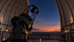 Illustration of an unmarked modern observatory telescope beneath an open dome at twilight