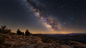 Illustration of two stargazers watching a meteor above a rocky desert overlook at night