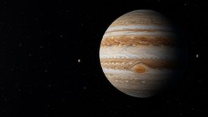 Illustration of Jupiter and two small moons in a restrained natural-looking space scene