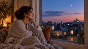 Illustration of an adult quietly reflecting beside a window with a natural crescent Moon outside