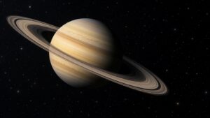 Illustration of Saturn with natural rings against a dark sparse star field