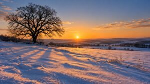 Illustration of low winter sunlight casting long shadows across a snowy field beside a bare tree