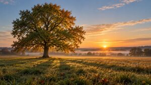 Illustration of low autumn sunlight falling across a meadow and a lone tree near a seasonal transition