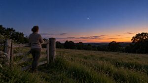 Illustration of a stargazer standing beside an open meadow at dusk and looking toward a bright point above the trees